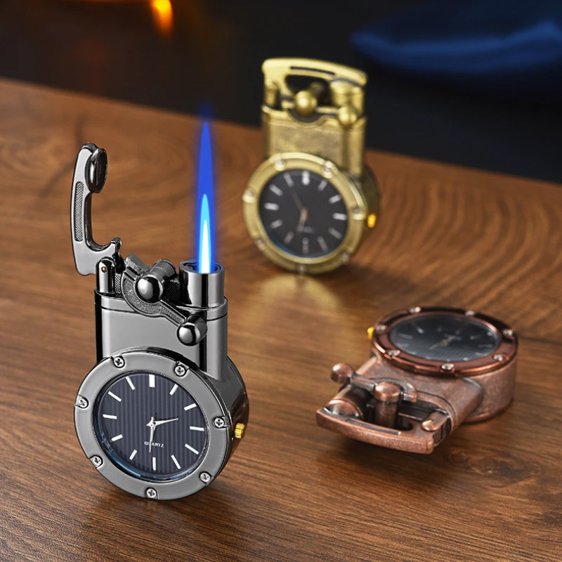 Dual Use of One Item Rocker Arm Straight Quartz Watch Windproof Inflatable Lighter Cigarette Lighter Cigar Light Men's Hot Style
