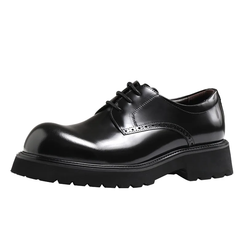 British style thick soled derby shoes Men's Black Lace Up Round Toe casual Genuine Leather Platform Shoes Male Dress Wedding
