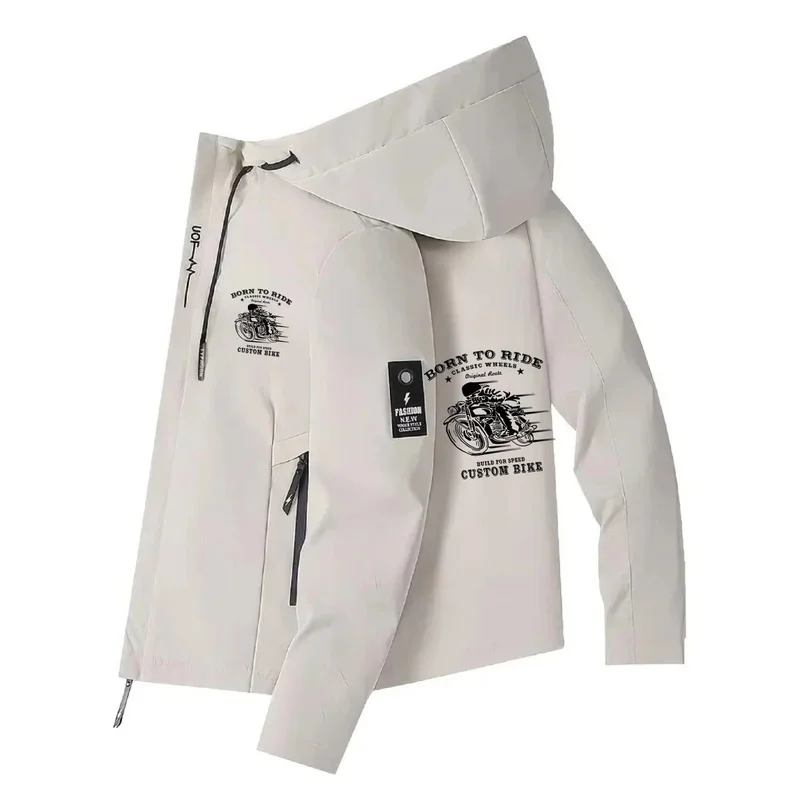Men's Hooded Jacket, Spring-Autumn, with Biker Print, Lightweight, Windproof, Slim Fit Design.