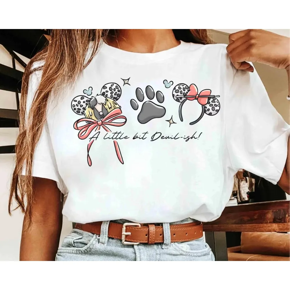 Camiseta con estampado De algodón para hombre y mujer, camisa con lazo De coqueta De acuarela, villanos De Disney, Cruella De Vil, Disney 101 dálmatas, viaje para chica