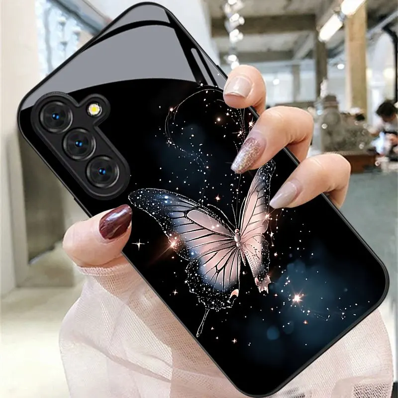 Dreamy Butterfly Pattern Glass Phone Case Suitable for Samsung Galaxy S26 S25 S24 S23 S22 S20 FE/Ultra/Plus Anti Drop Back Cover