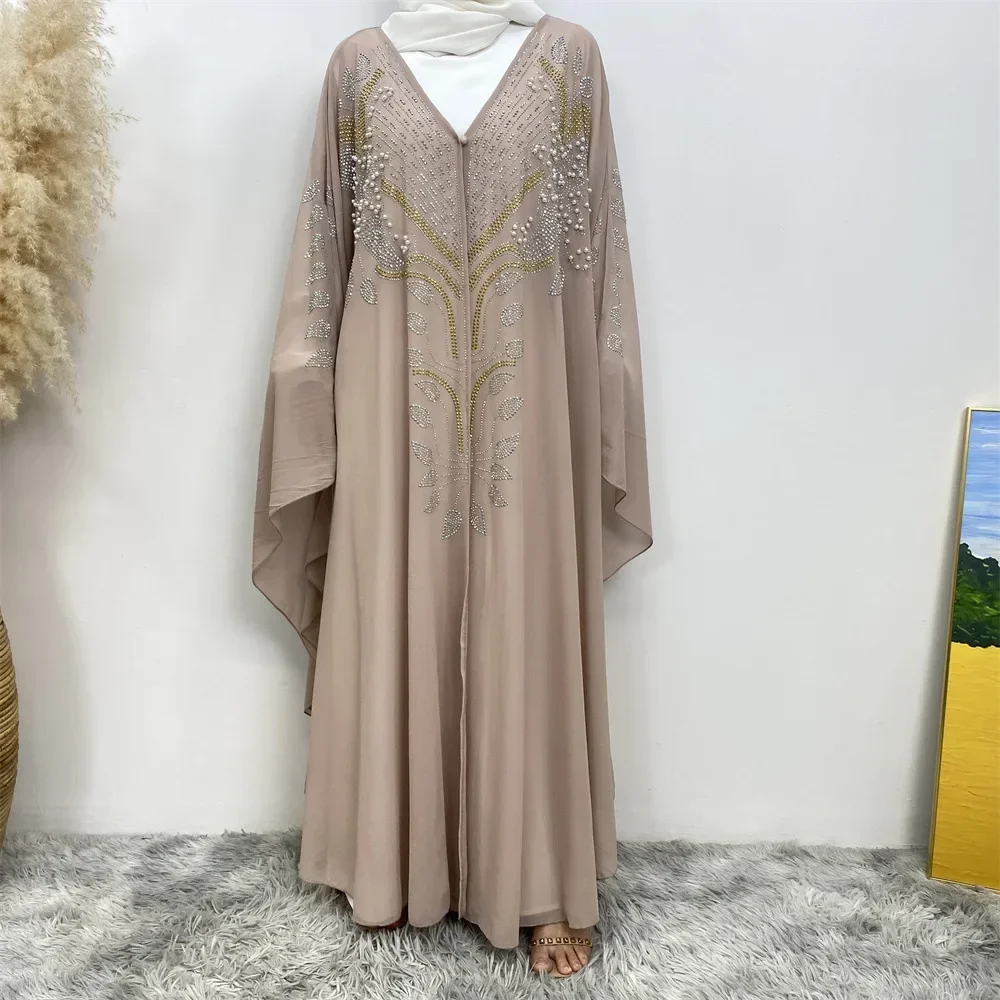 Dubai Abayas Women Muslim Chiffon Beads Open Abaya Kimono Maxi Dress Turkey Robe Morocco Eid Party Jalabiya Gown Kebaya Kaftan