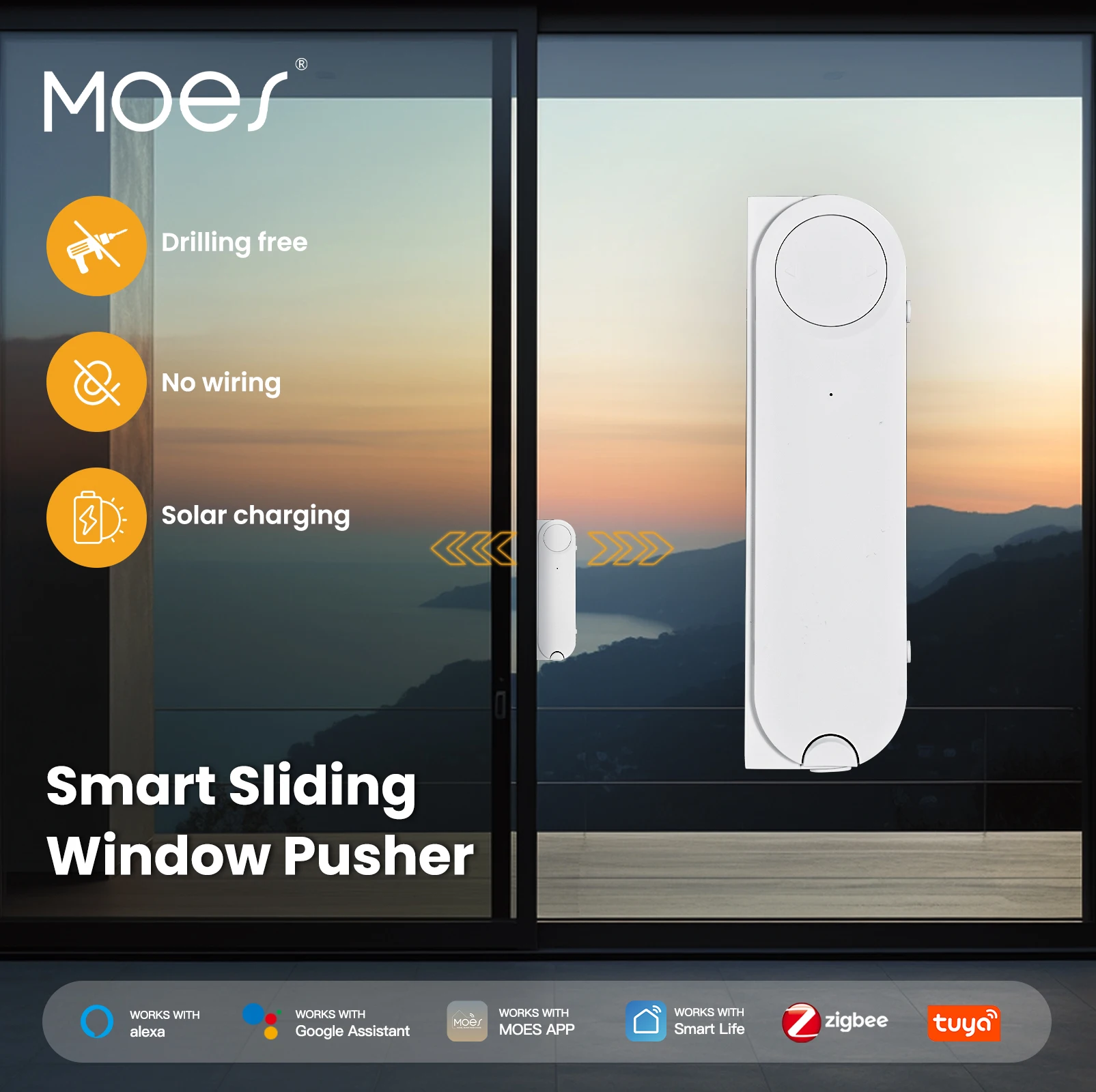 

MOES Tuya ZigBee Smart Sliding Window Pusher Automatic Opener Closer Solar Charging App Remote Control Support Alexa Google Home