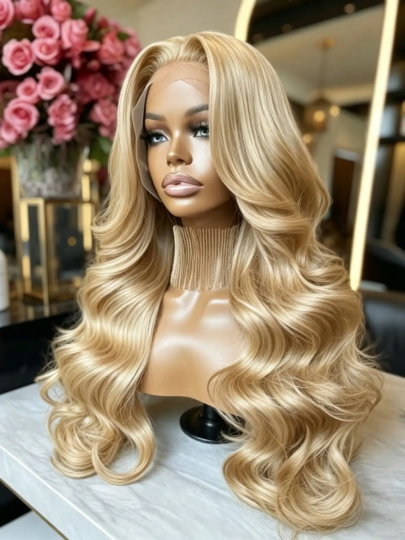 

Blonde Color Lace Front Wigs 13x4 HD Lace Free Part Glueless Body Wave Synthetic Frontal Lace Replacement Wig Long Wavy Hair Pre Plucked Natural Hairline For Fashion Women Girls Daily Party