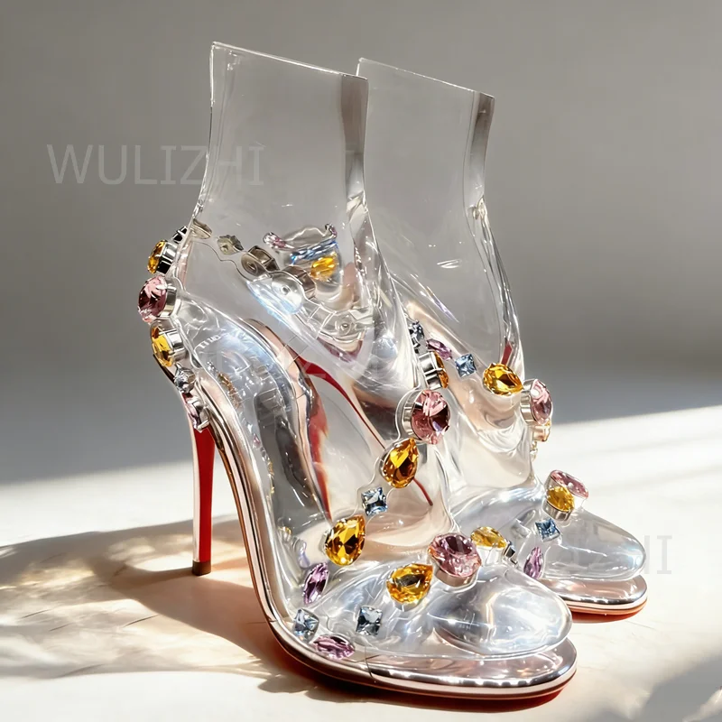 Women's Sandals Colorful Gemstone Crystal Sandals Women Sexy Open Heel Buckle Diamond Luxury Evening Shoes Sandalias De Mujer - view 3