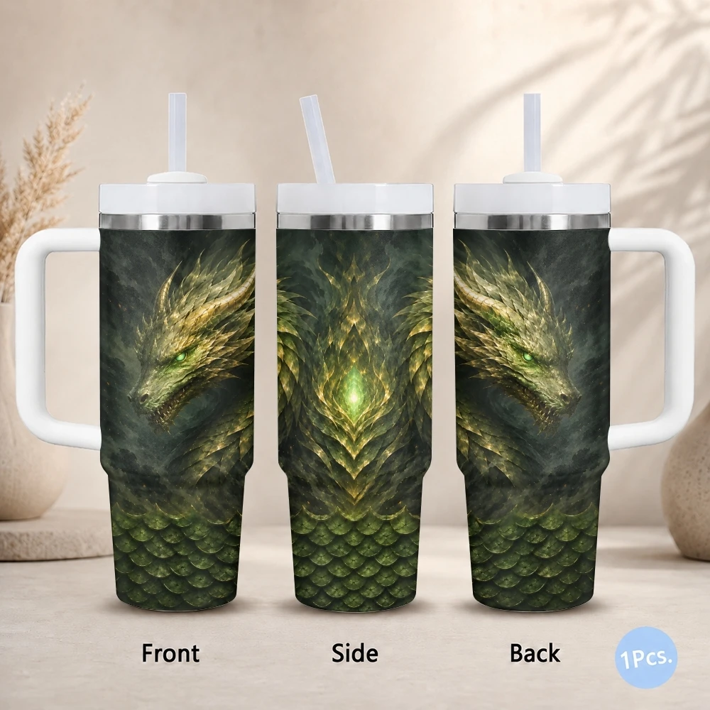 Fantasy Dragon Pattern Vacuum Flasks 40oz Stainless Steel Insulated Tumbler with Handle Straw Lid Leakproof Travel Mug