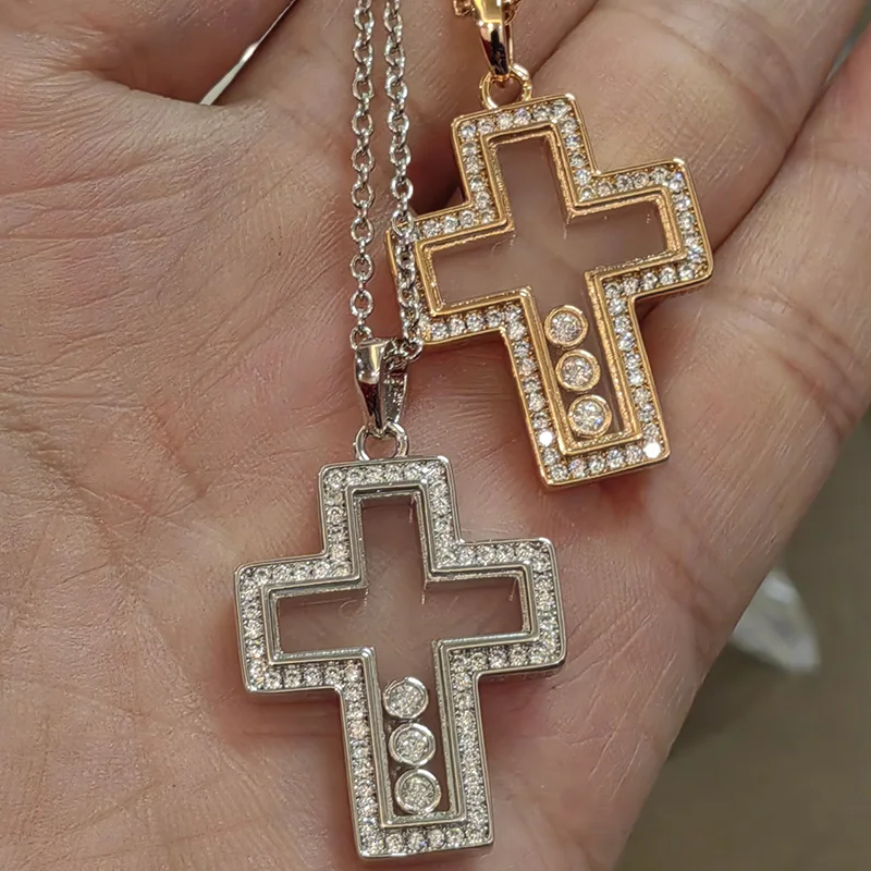 

925 Sterling Silver Move 3 Stone Happy Zirconia Cross Necklace For Women Fine Jewelry Accessory