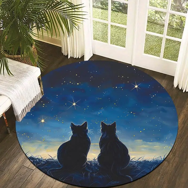 1pc Cute Black Cat Floor Mat - Non-Slip Machine Washable Mat with Magical Forest Night Sky Design, Soft Polyester Mat for Living