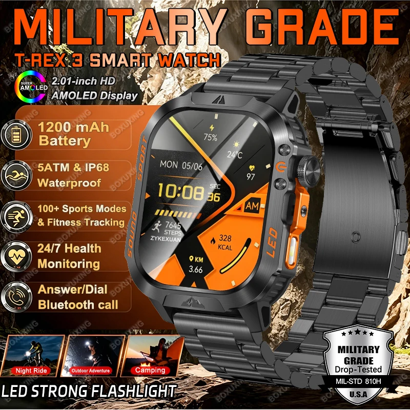 

2026 New Military Grade 1200mAh Battery Smartwatch Men 5ATM Waterproof Sports Fitness Tracker Health Heart Rate Call Smart Watch