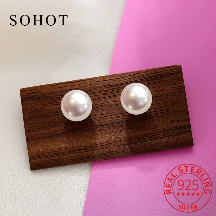 

Real 925 Sterling Silver 8/10/12/14/16mm Flat Oval Pearl Stud Earrings for Charm Women Classic Fine Jewelry Daily Accessories