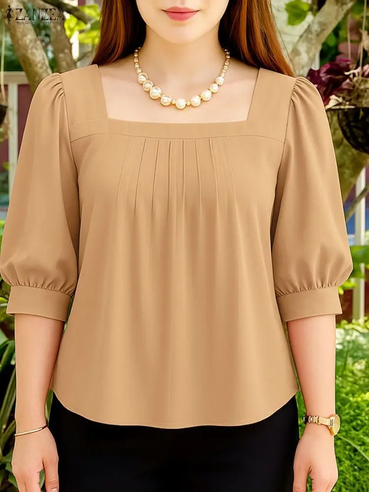 ZANZEA Camicia da ufficio estiva Donna Elegante collo quadrato Manica a 3/4 Camicette da lavoro Elegante tunica a pieghe solida Top Blusas allentati 2025