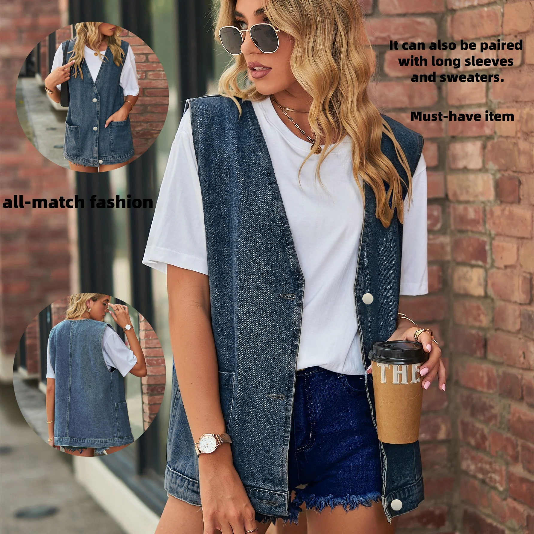 

Best-Selling Women's Retro Style Denim Vest Elegant Versatile Loose Fit Wide V-Neck Casual Streetwear