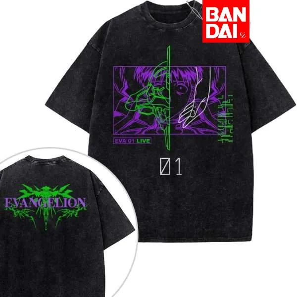 

Футболка оверсайз черная с эффектом кислотной стирки Neon Genesis Evangelion Unit-01 Shinji, летняя коллекция 2026, аниме-графика, уличный стиль