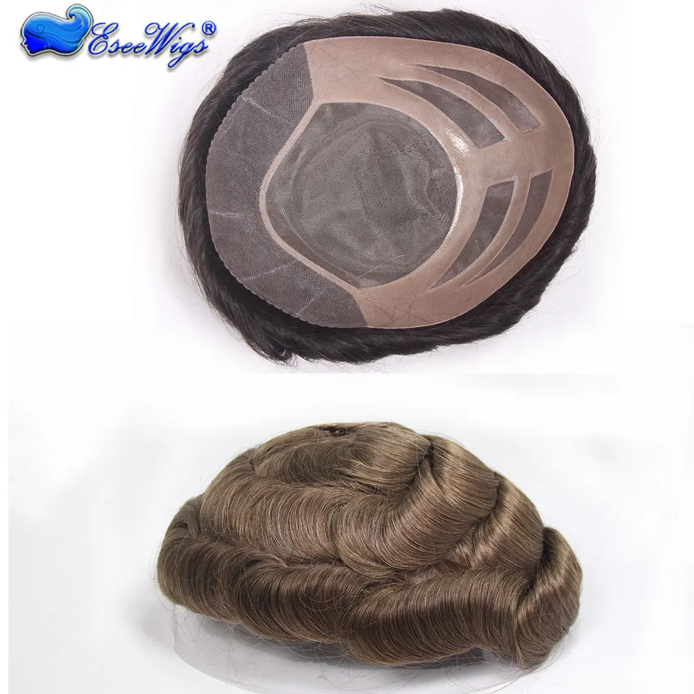شعر بشري هندي مموج للرجال قطعة شعر مستعار أحادية الدانتيل 10X8 بني فاتح 7 # نظام استبدال الألوان للرجال