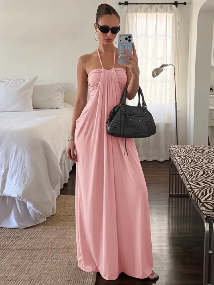 Robe décontractée unie pour femme, style licou sans bretelles, sans manches, taille haute, coupe ample, Vestidos 2026, pour l'été, les vacances et le streetwear