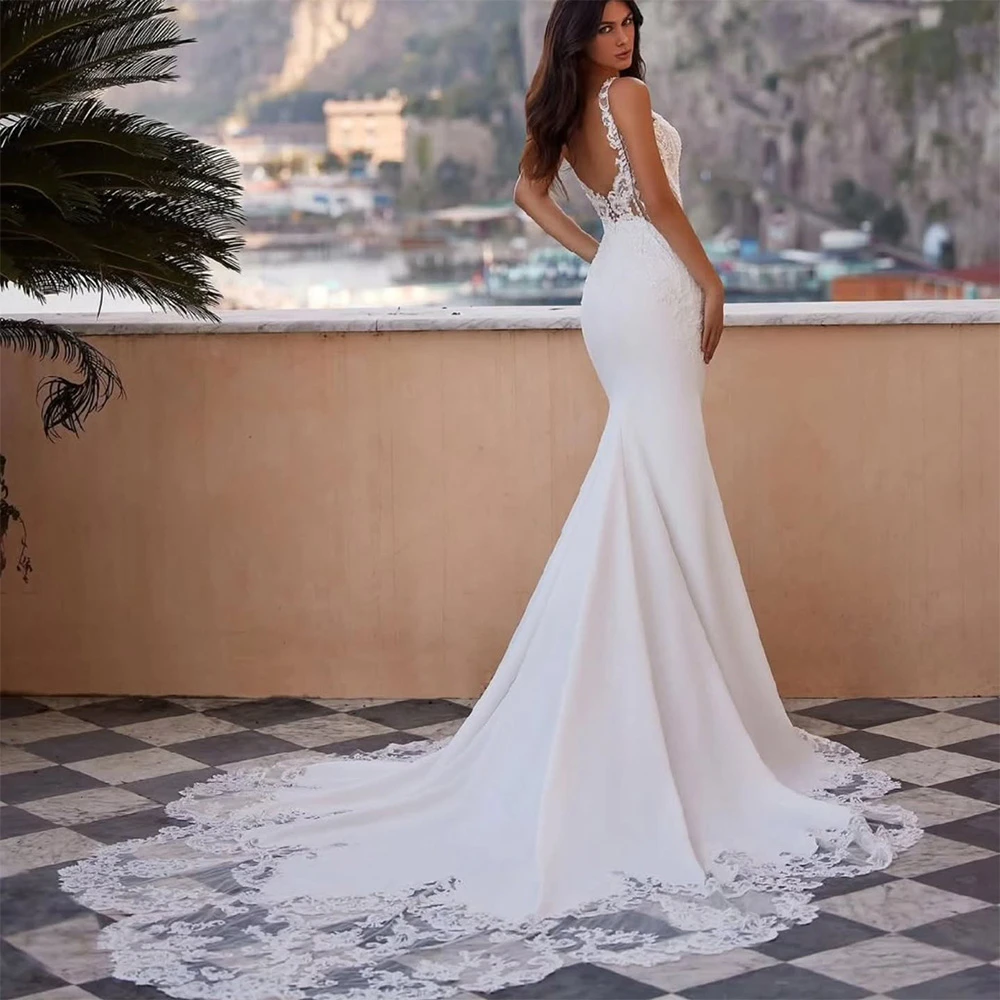 Customized Boho White Satin Wedding Dress Elegant V-neck Sleeveless Bridal Gowns Dreamy Mermaid Court Train Vestido De Novia