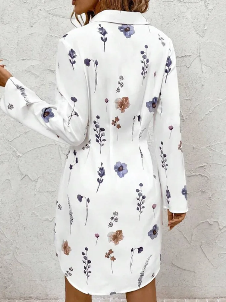 Fashionable and elegant ladies printed lapel button-down shirt dress, simple temperament, all-match commuter loose long skirt