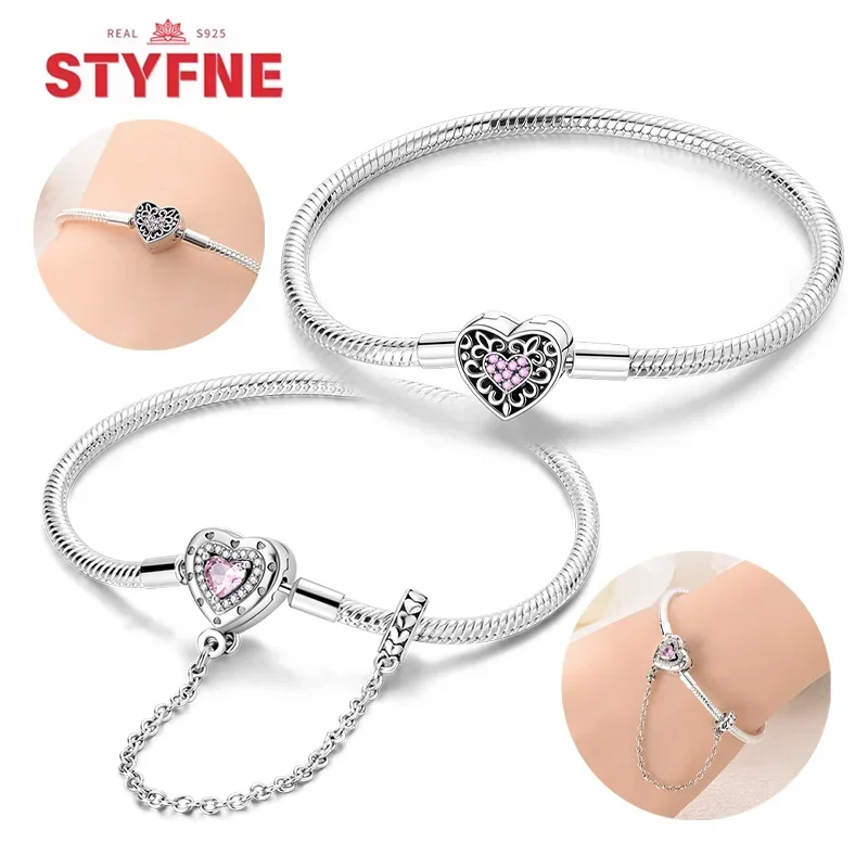 

New 925 Sterling Silver Pink Heart Bracelet Shiny Zircon Fit Original Charms Bracelet DIY Jewelry Making Fine Gifts for Women