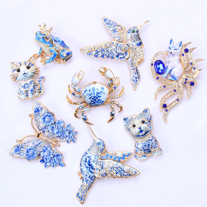 Blue White Porcelain Style Enamel Animal Brooch Mix Butterfly Cat Hummingbird Frog Crab Fox Crystal Lapel Pins