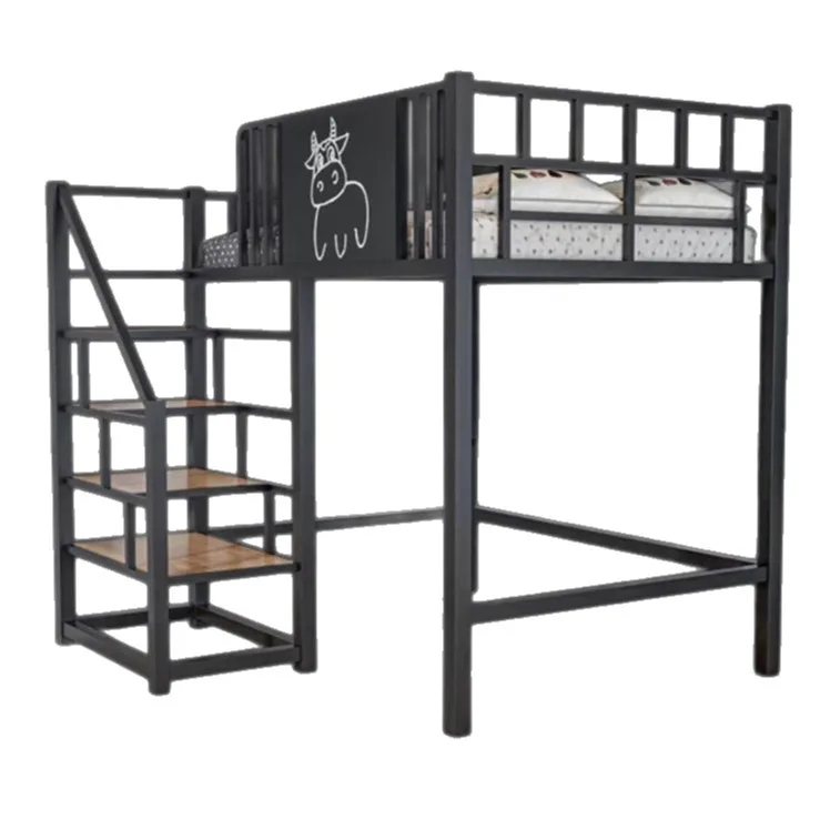 Wrought iron ladder cabinet elevated bed modern apartment dormitory bed table space saving loft duplex iron frame bed bunk