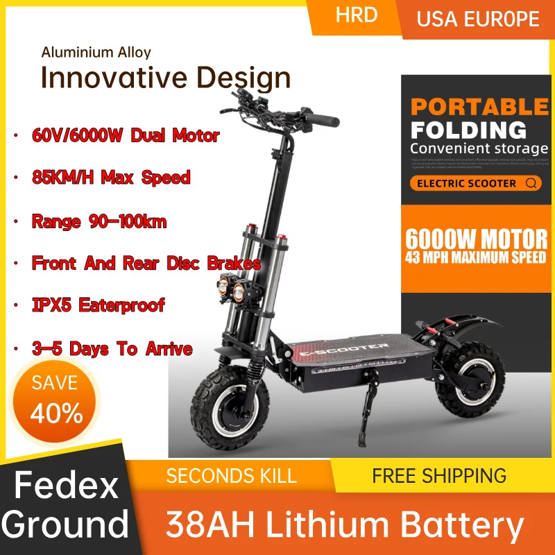 J30 MAX All-Terrain adult Electric Scooter with 6000W Power 11-Inch Tires 200KG Capacity and 100KM Range