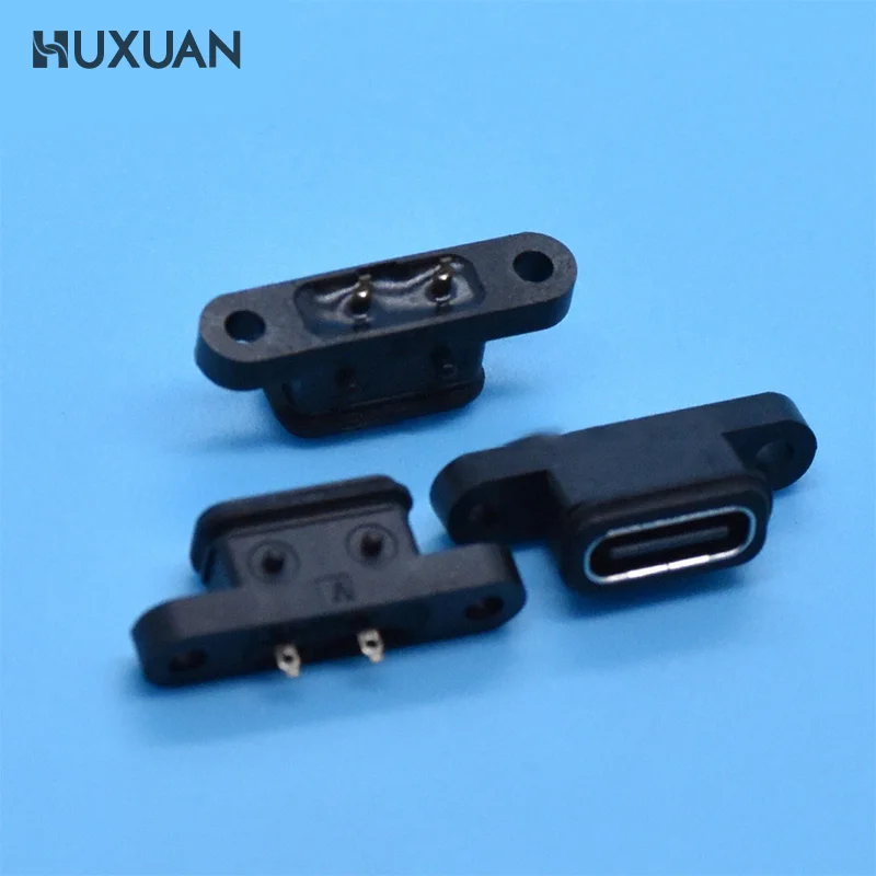 TYPE C 2Pin Waterproof Female USB C Socket Port With Screw Hole Fast Charge Charging Interface 180 Degree USB Connector 2Pcs