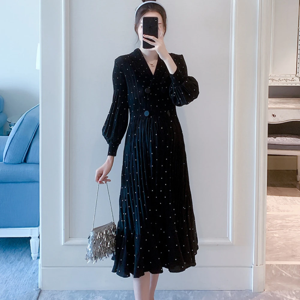 Maternity Clothes Pregnancy Dress For Spring 2023 New Fashion Turn Collar Dot Pattern Pleated Long Sleeve Vestidos de fotografia