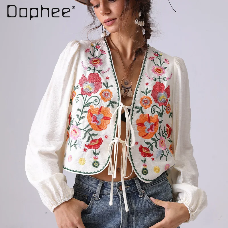 

Spring New French Retro Flower Long-sleeved Casual Top Trendy Lace-up Women Shirt Heavy Industry Embroidery Loose Short Blouse