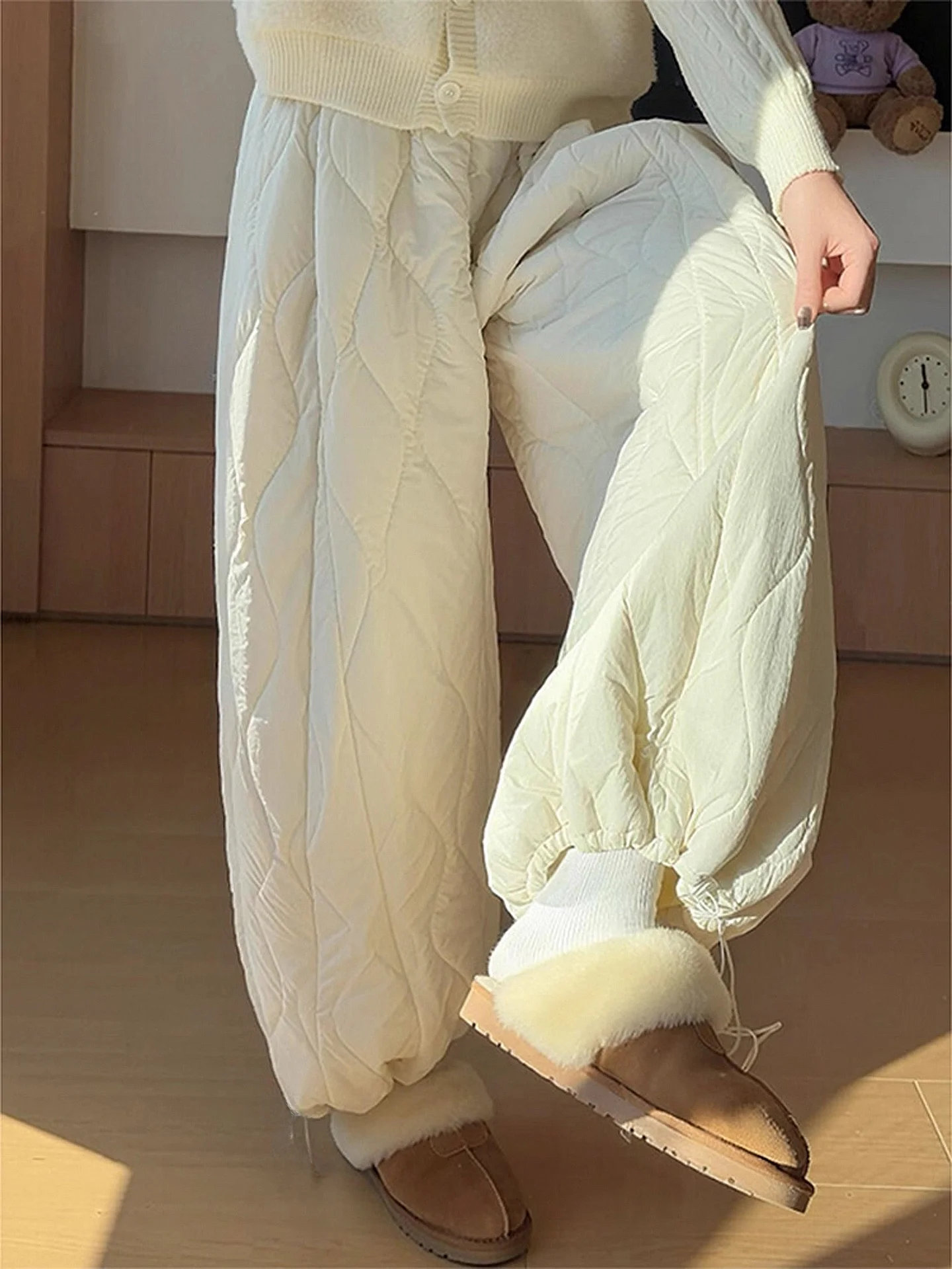 

Thiened Fce Winter Trousers Women's Loose Wide Leg Pants Cold Proof Casual Pants mid Low Waist Rope Door Zipper