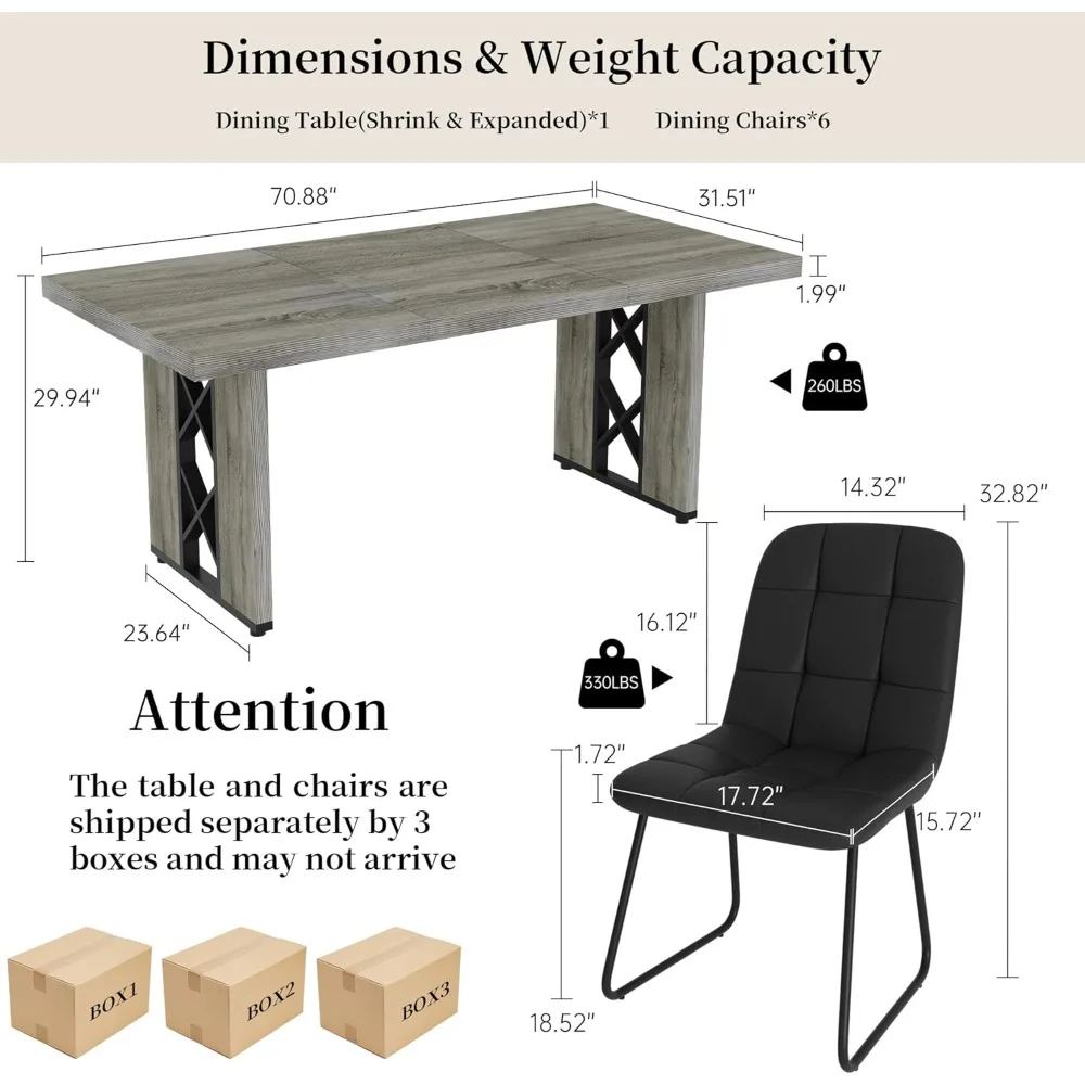 طقم طعام مكون من 7 قطع موفر للمساحة تتسع لـ 6-8 أشخاص، طاولة 70.8 MDF مع 6 كراسي منجدة، مثالية للمطبخ والإفطار