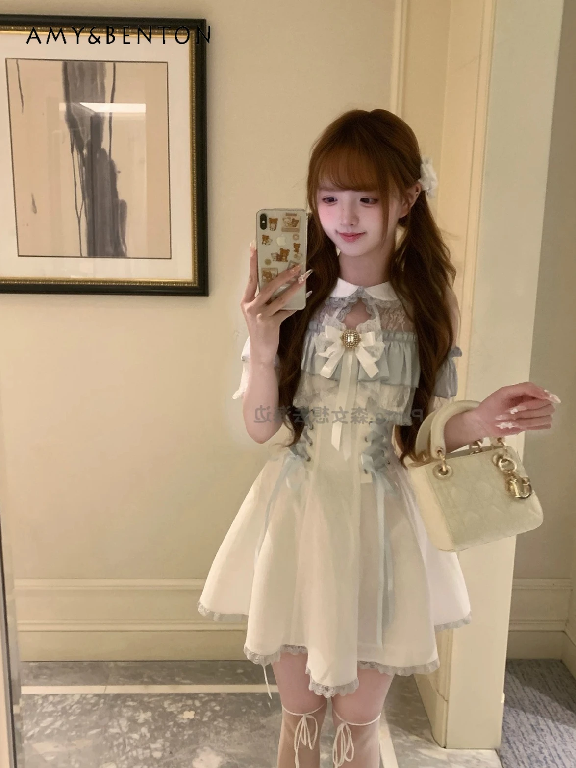 

Japanese Sweet Gentle Temperament Girlish Style Dress Cute Doll Collar Lace Splicing Lace-up Slim Mini Dress Lolita Op Dresses
