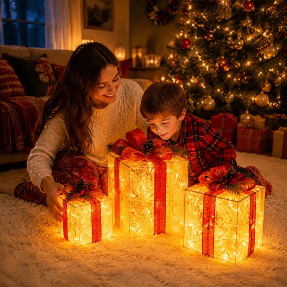 Set of 3 LED Lighted Christmas Gift Boxes Soft LED Lights Premium Lightweight Material Christmas Ornaments Glowing Effect