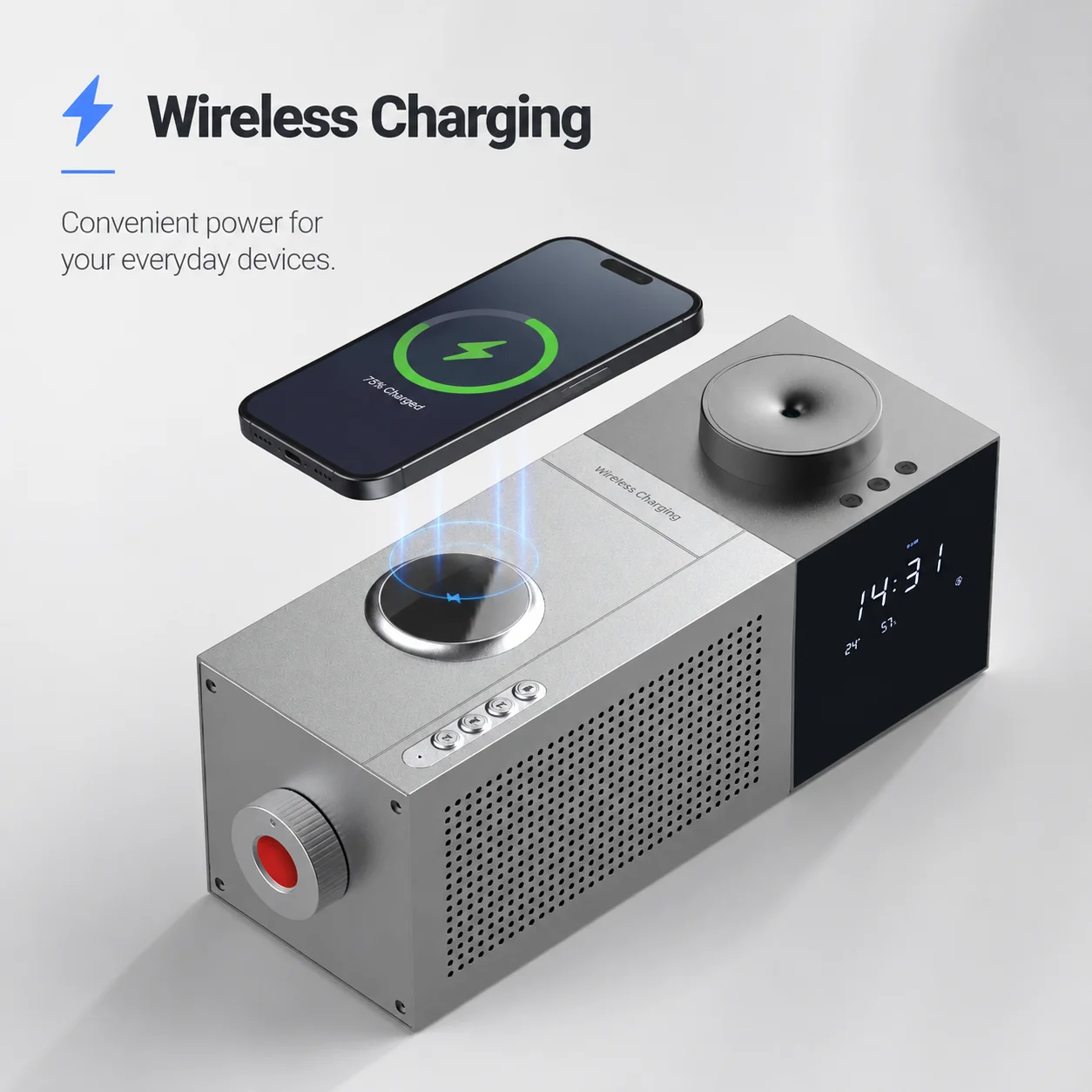 NAMSTE Smart Waterless Essential Oil Diffuser APP Control Aroma Machine with Wireless Charger Speaker FM Radio White Noise