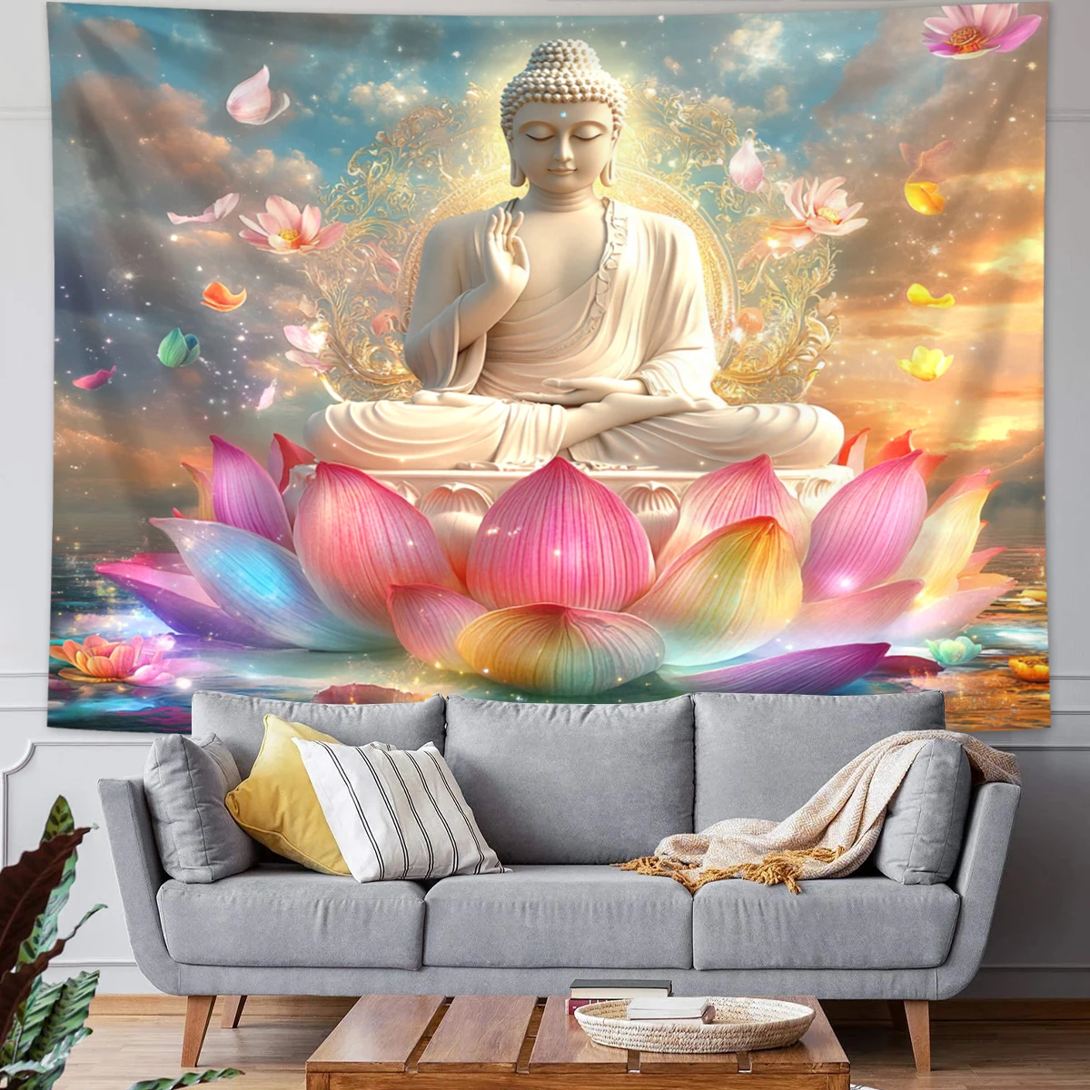 1pc Buddha statue and lotus tapestry, mysterious Buddha statue meditation meditation yoga spiritual religious tapestry