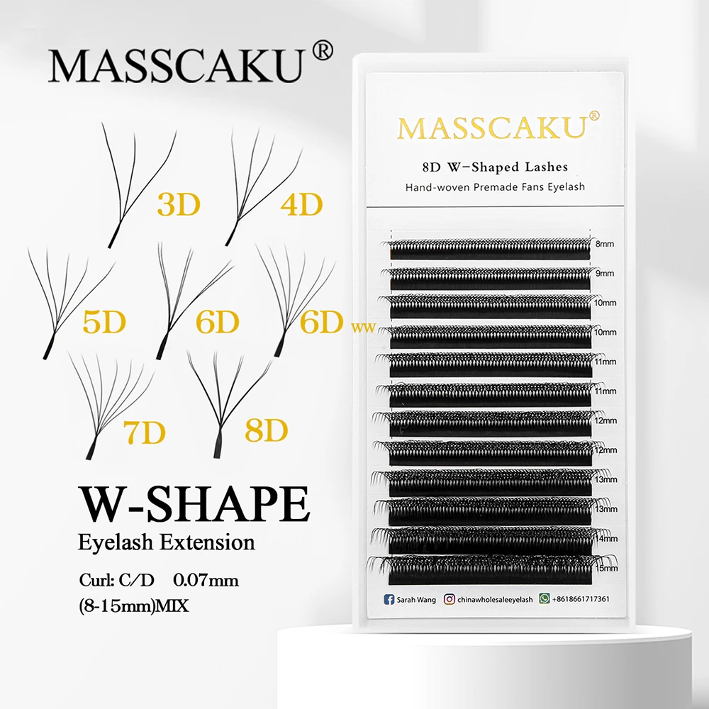 MASSCAKU WW Shape lashes Single/Double Tips Matte Black Ombre Colorful Eyelashes Natural Makeup Mesh Net Cross Autofan Eyelash