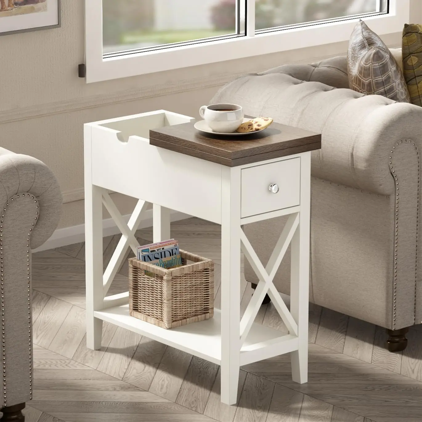 

Farmhouse End Table with Drawer, Accent Small Side Table Nightstand for Living Room, Bedroom, and Small Spaces - Soft White