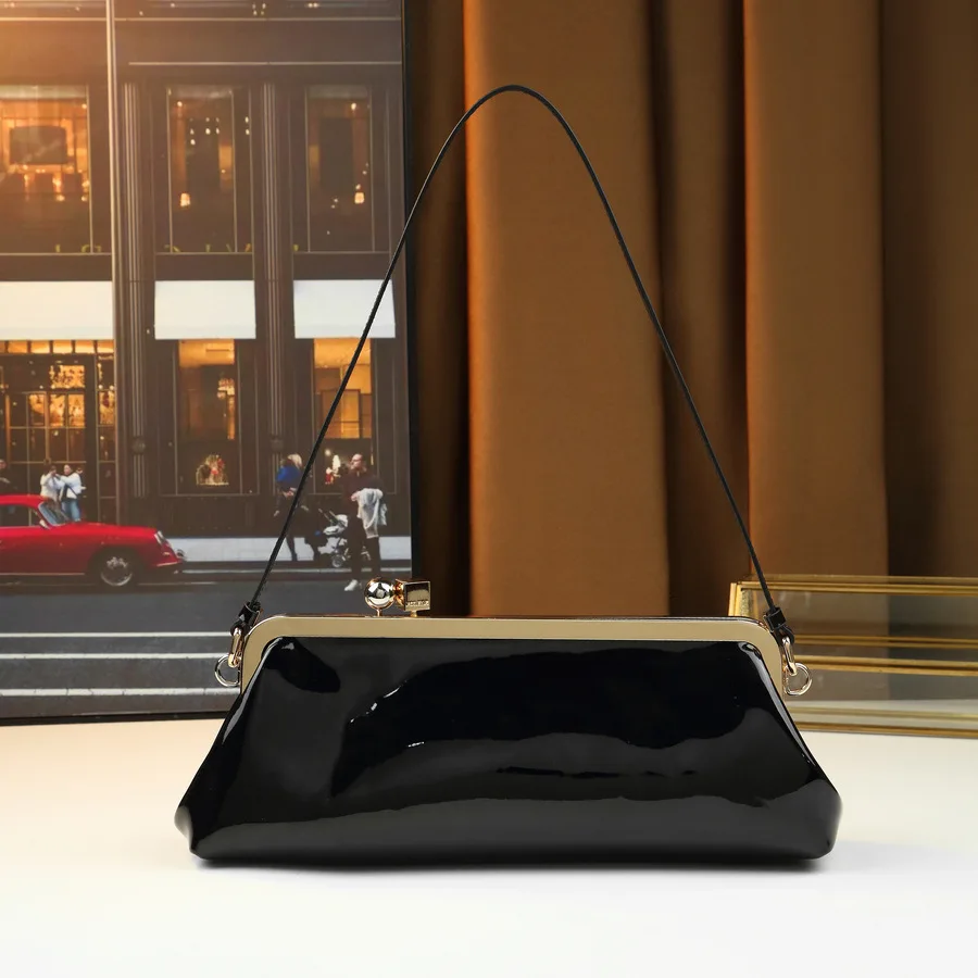 2026 New Glossy Premium Ball Metal Block Clip Baguette Bag Ladies Dinner Business Large Capacity Shoulder Bag