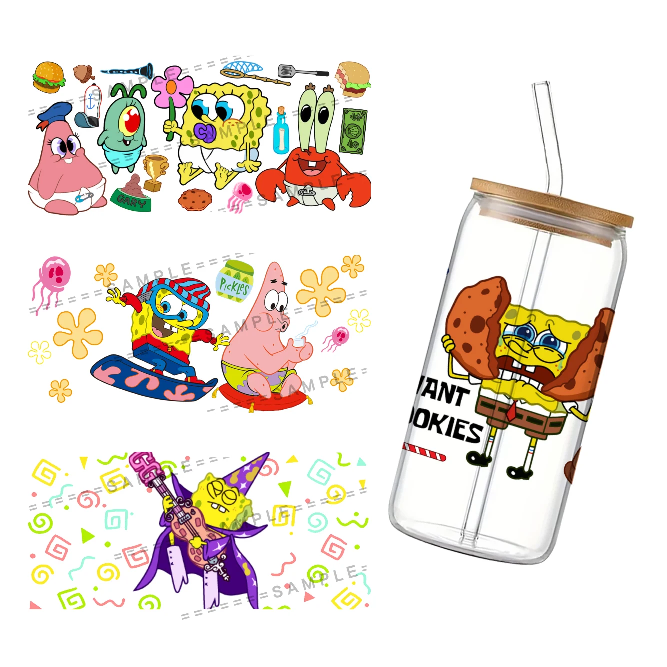 SpongeBob Decal UV DTF Cup Wrap 16oz For Libbey Glass Permanent Adhesive Ready To Apply No Heat Needed Waterproof