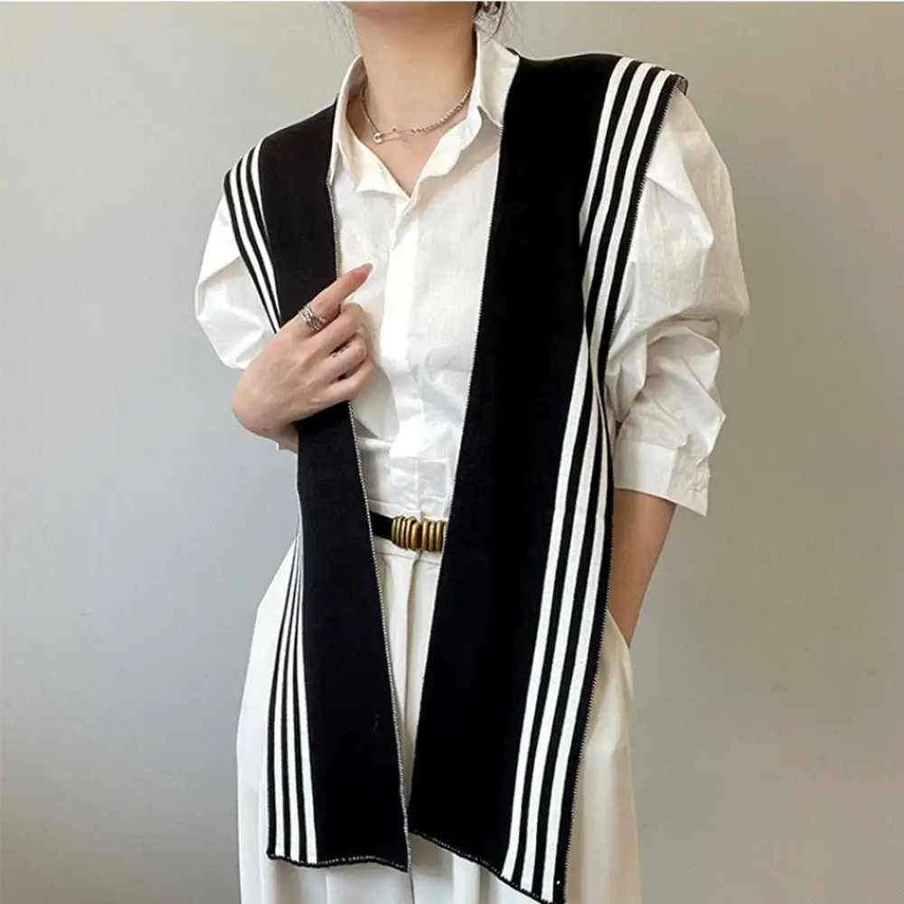 Elegant Blouse Shoulders Fake Collar Knitted Shawl Solid Color Cape Black White Stripe Scarf Cloak Wraps Wool Scarves Female