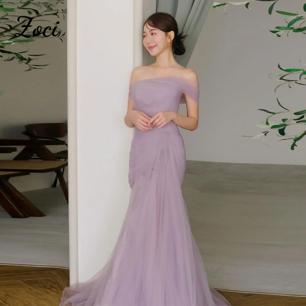 

Zoci с открытыми плечами и складками, корейские вечерние платья, длинные фиолетовые платья русалки для свадебных фотографий, платье для фотосессии, индивидуальные платья для приема