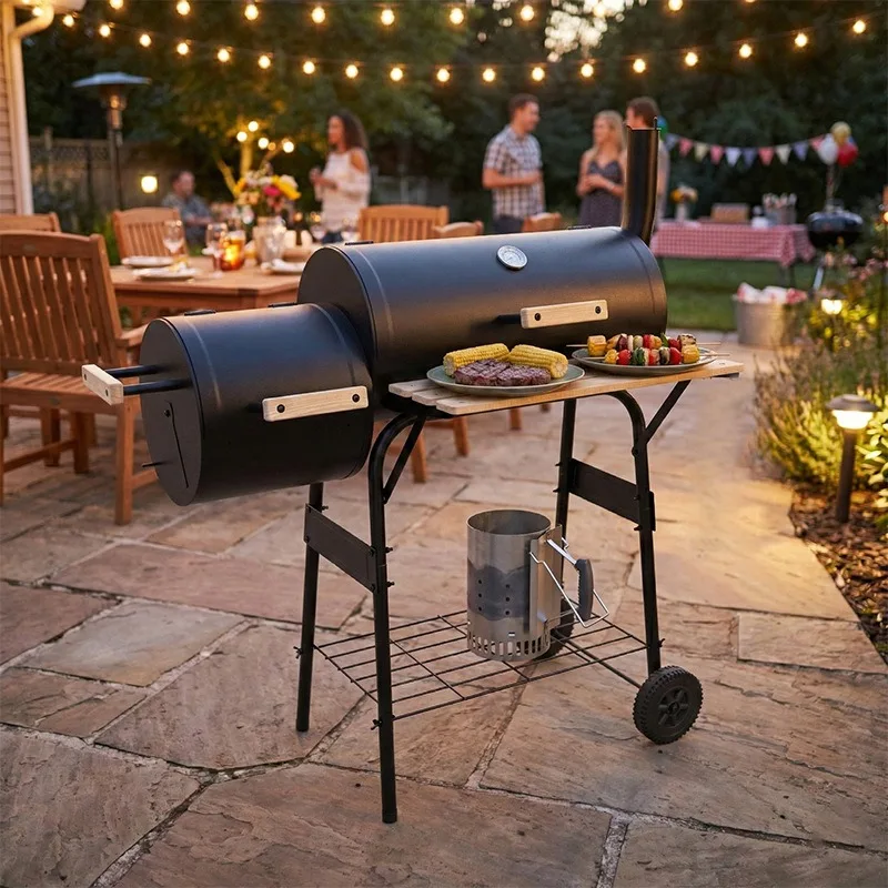Train Style Offset Charcoal Smoker Grill Dual Chamber BBQ Grill with Wheels Side Table Outdoor