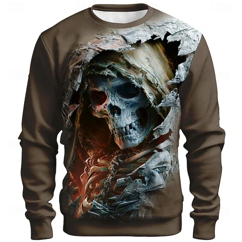 New Men's 3D Printed Skull Long-sleeved T-shirt Top Retro Men's Round-neck Street T-shirt Autumn Outdoor Oversized Clothing