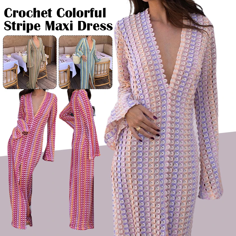 

2024 New Beach Banquet Vestidos Crochet Colorful Stripe Maxi Dress Women Flare Sleeve V-Neck High Split Sexy Lace Long Dresses