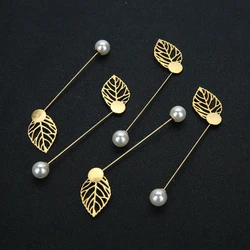 10pcs/lot Metal Leaves Brooch Pin Long Needle Lapel Pins With Imitation Pearl Brooches Base Blank Tray For DIY Jewelry Making