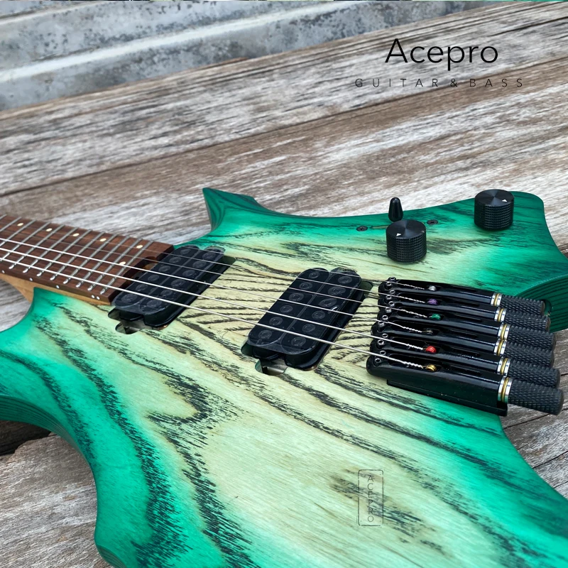 Pro Headless Electric Guitar, Green Burst Ash Body, Jumbo Stainless Steel Oblique Frets, Roasted Maple Neck, Color Customizable