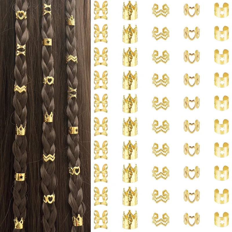 

New 50Pcs Gold Open Work Dreadlock Rings Hair Cuffs for Braids Festival Party Daily Use Shiny Hair Jewelry Gift for Women Men