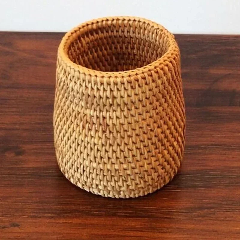 Handmade Pen Holder Hand Woven Wood Vine Rattan Stationery Container Storage Box Organizer Office School Desk Accessories Decor