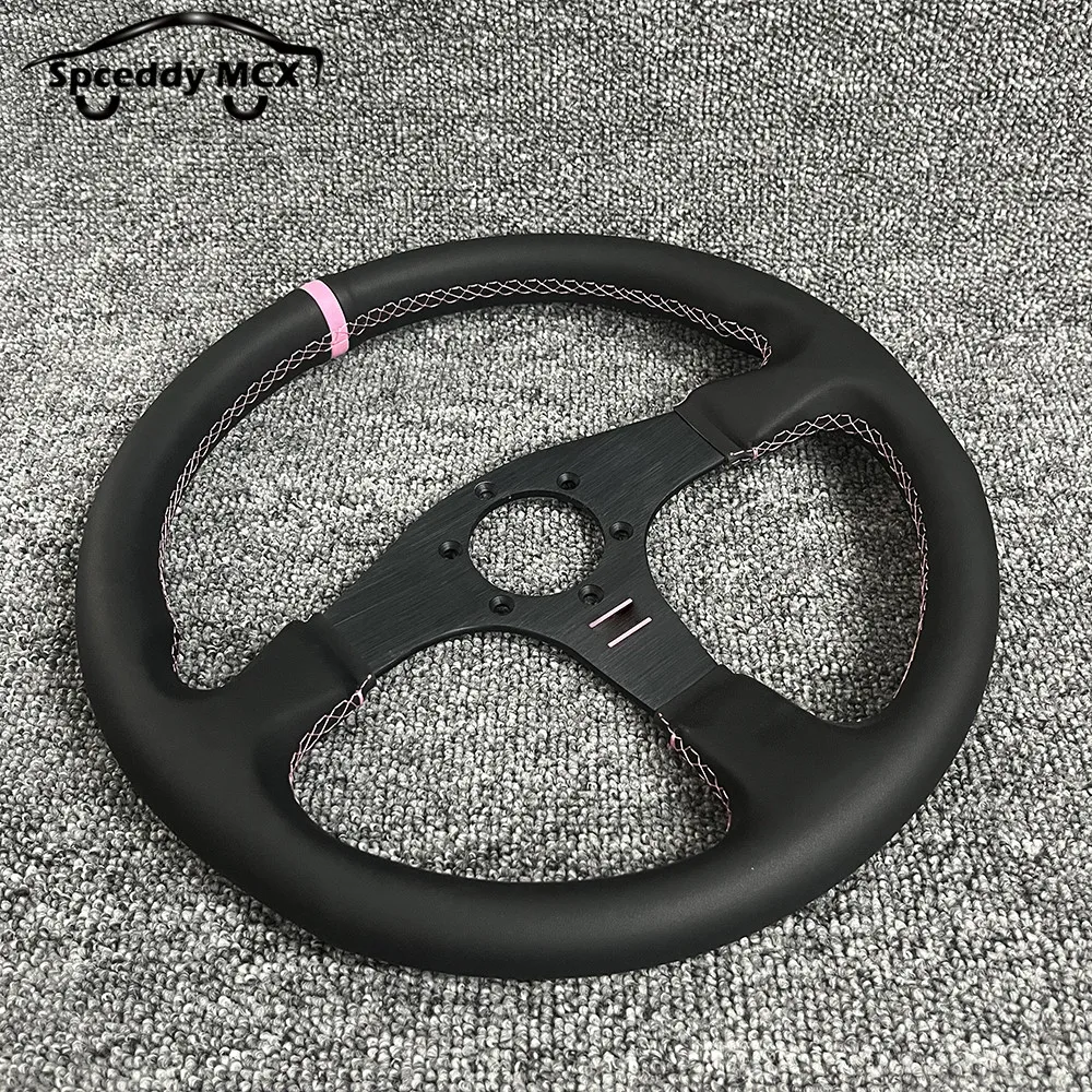 JDM Pink OM Real Leather 14inch 350mm Sports Racing Steering Wheel Universal Car Flat PCD 70MM