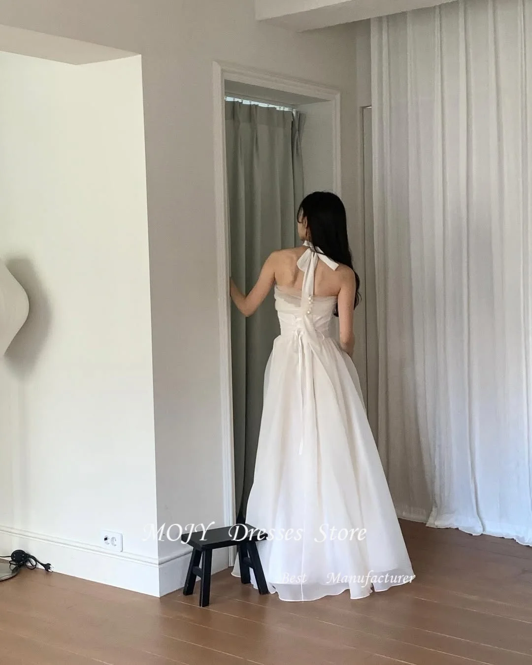 Mojy Black Party Dresses Korean Style A Line Simple Wedding Dresses Strapless Prom Dresses Corset Back Evening Dresses