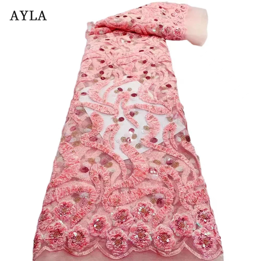 

Pink Nigerian Lace Fabric 2023 High Quality Lace with Beaded Luxury Tulle Lace Fabric Cotton Chenille Sequin Fabric for Sewing